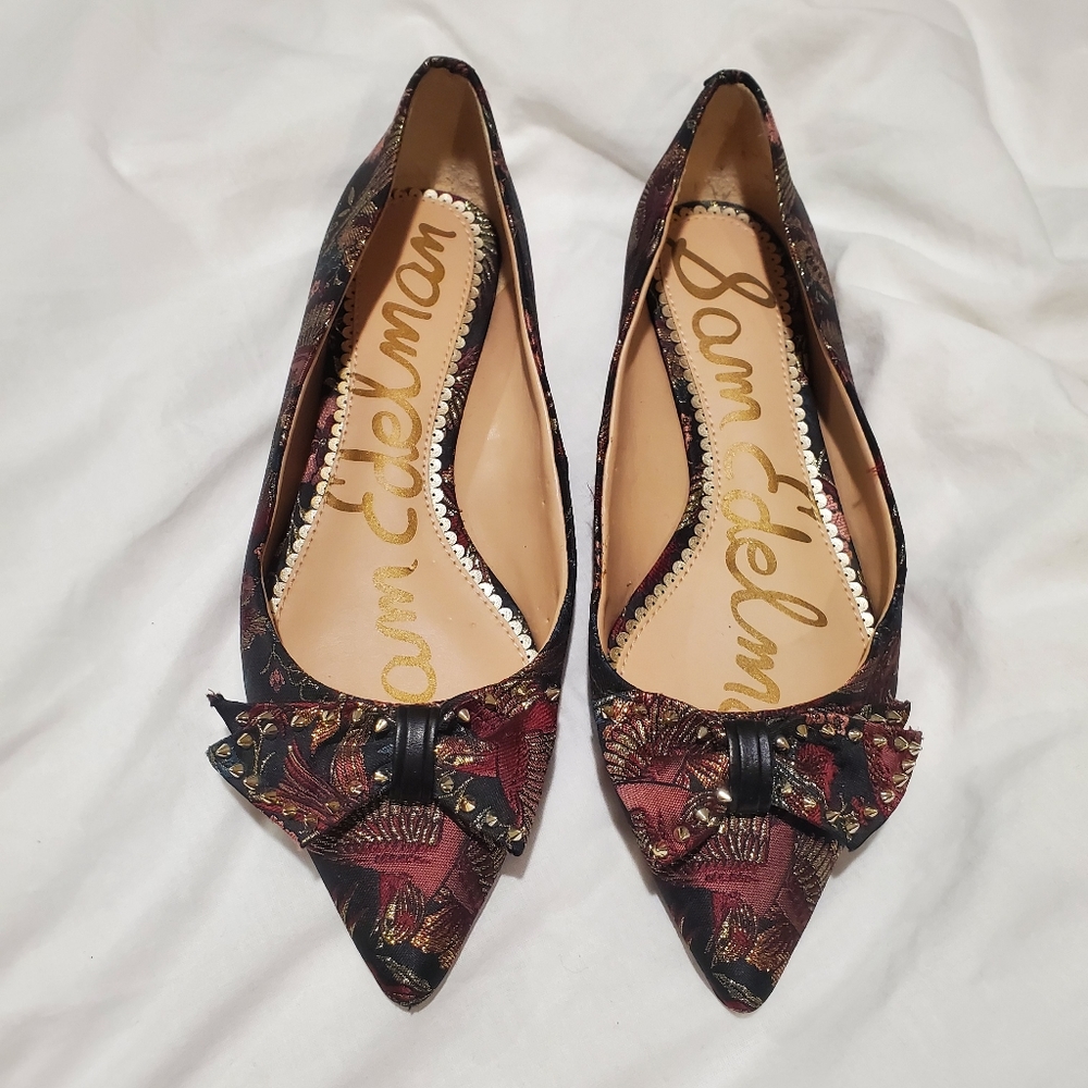 Sam Edelman Raisa Studded Black Bird Jacquard Pointed Flats - Picture 8 of 11